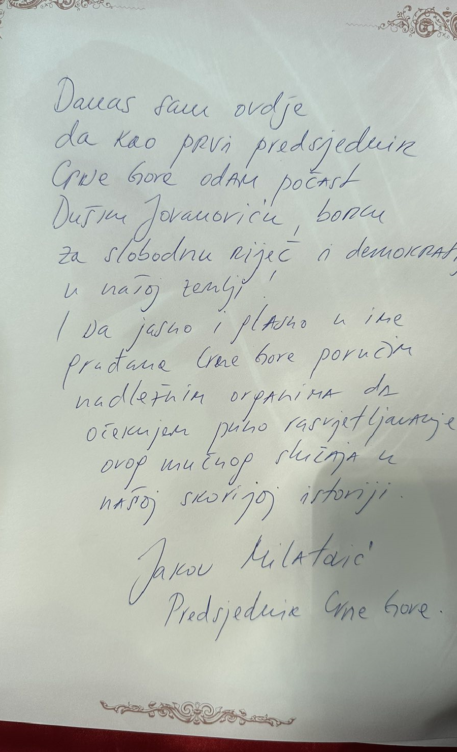 Текст који је предсједник Црне Горе Јаков Милатовић написао на мјесту убиства Јовановића